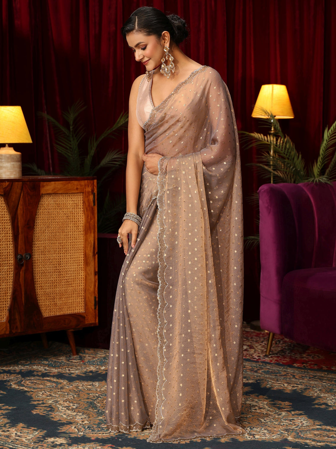 Mameraa Taupe Tissue Saree with Embellished Border
