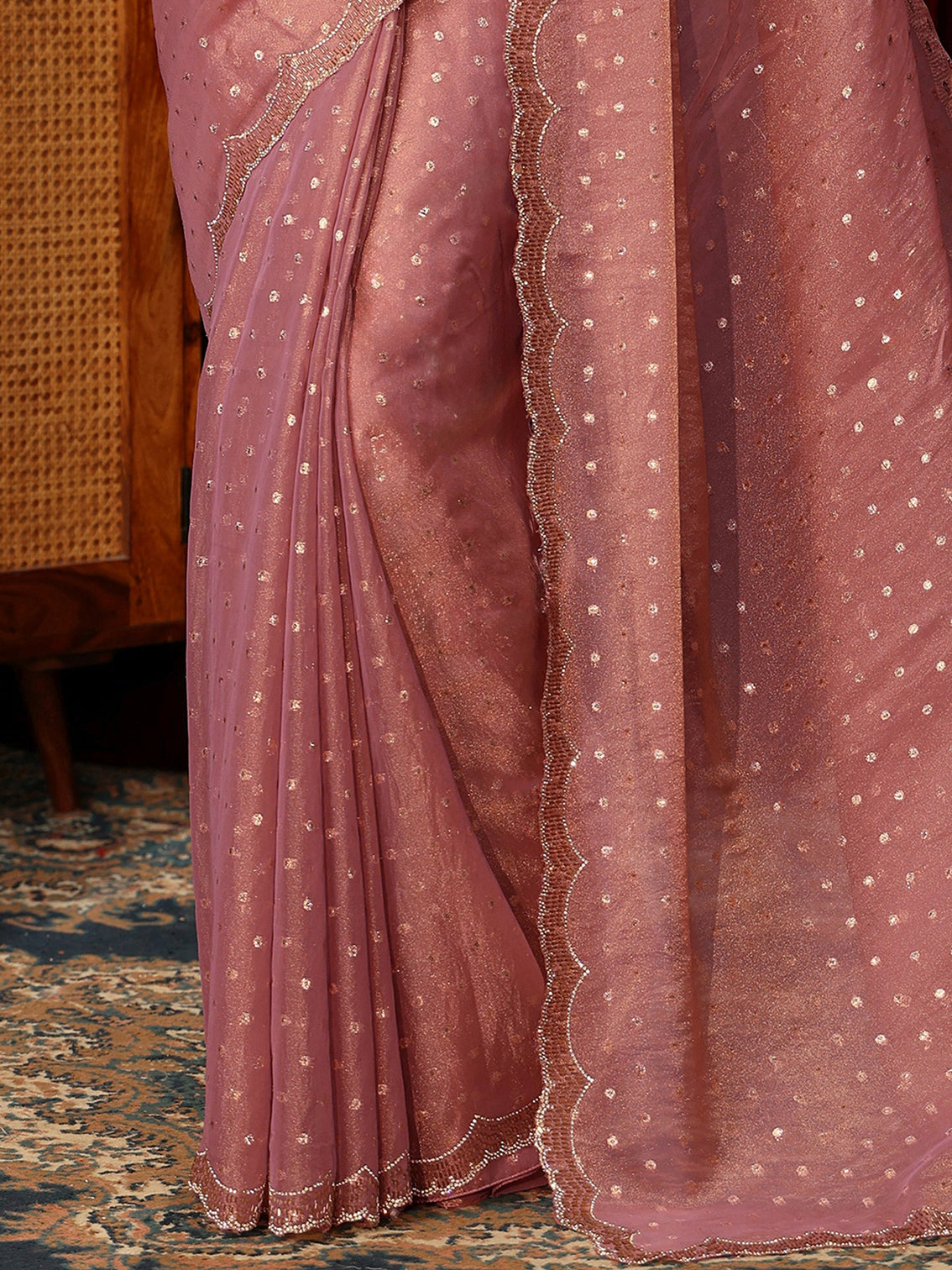Mameraa Pink Tissue Saree with Embellished Border