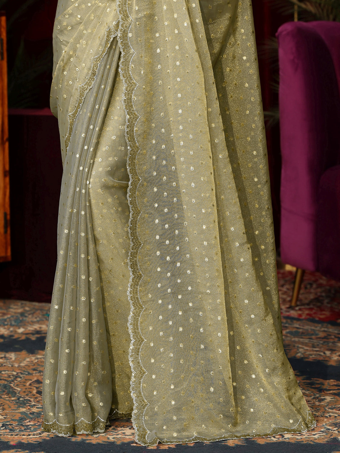 Mameraa Moss Green Tissue Saree with Embellished Border