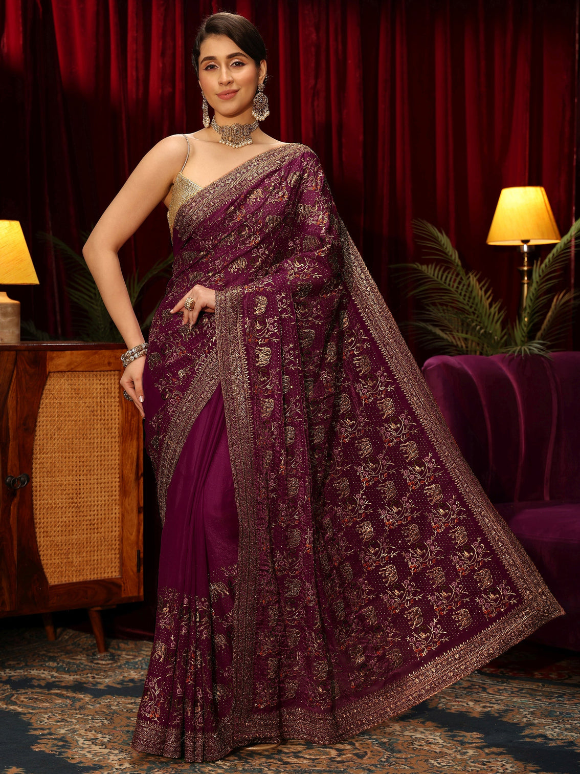 Mameraa Wine Animal Motif Stone Work Tissue Saree