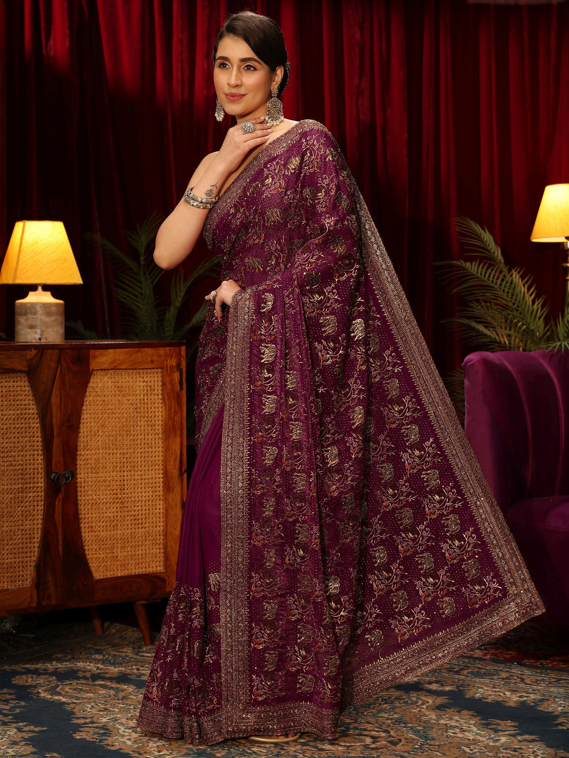 Mameraa Wine Animal Motif Stone Work Tissue Saree
