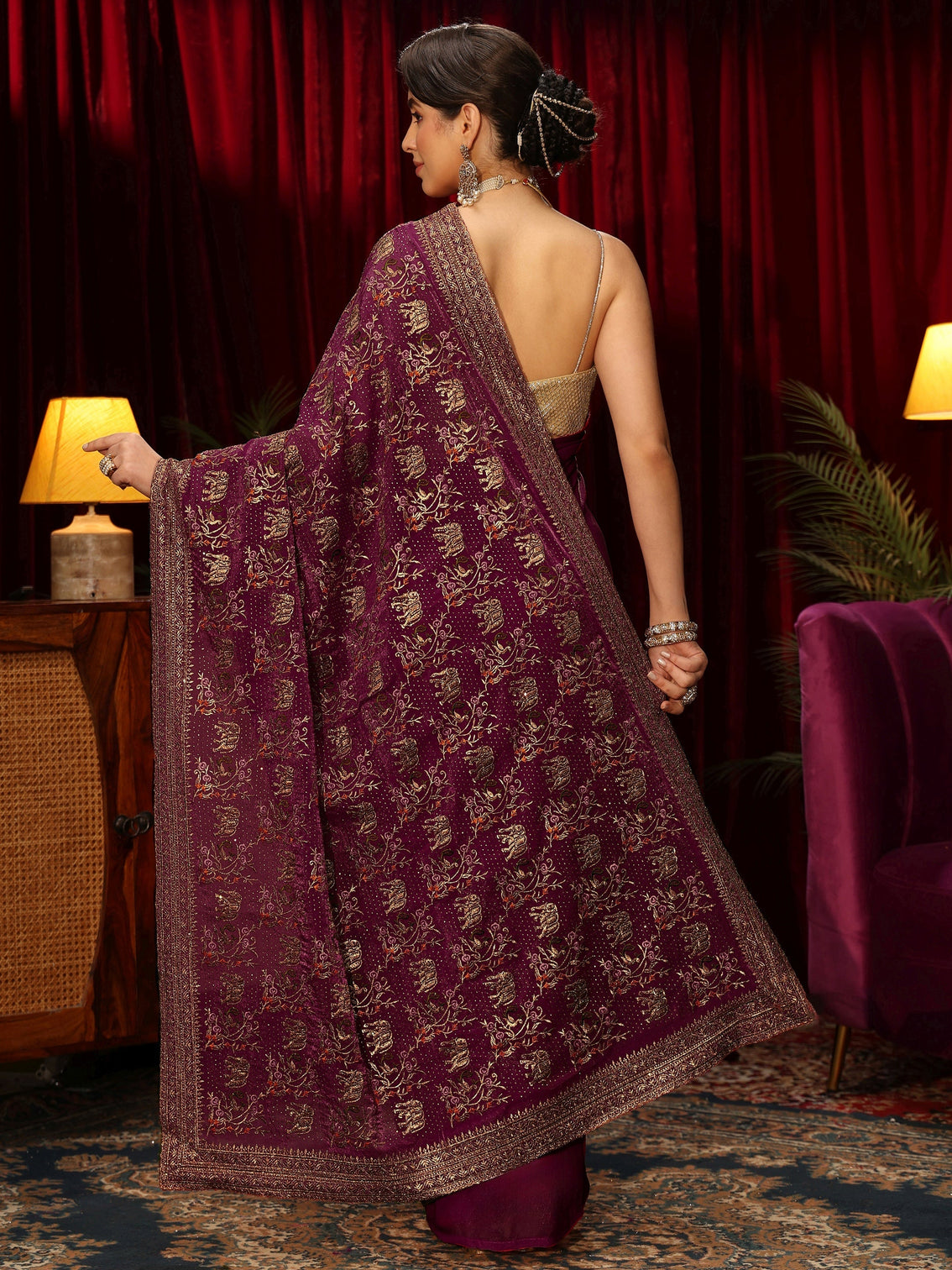 Mameraa Wine Animal Motif Stone Work Tissue Saree