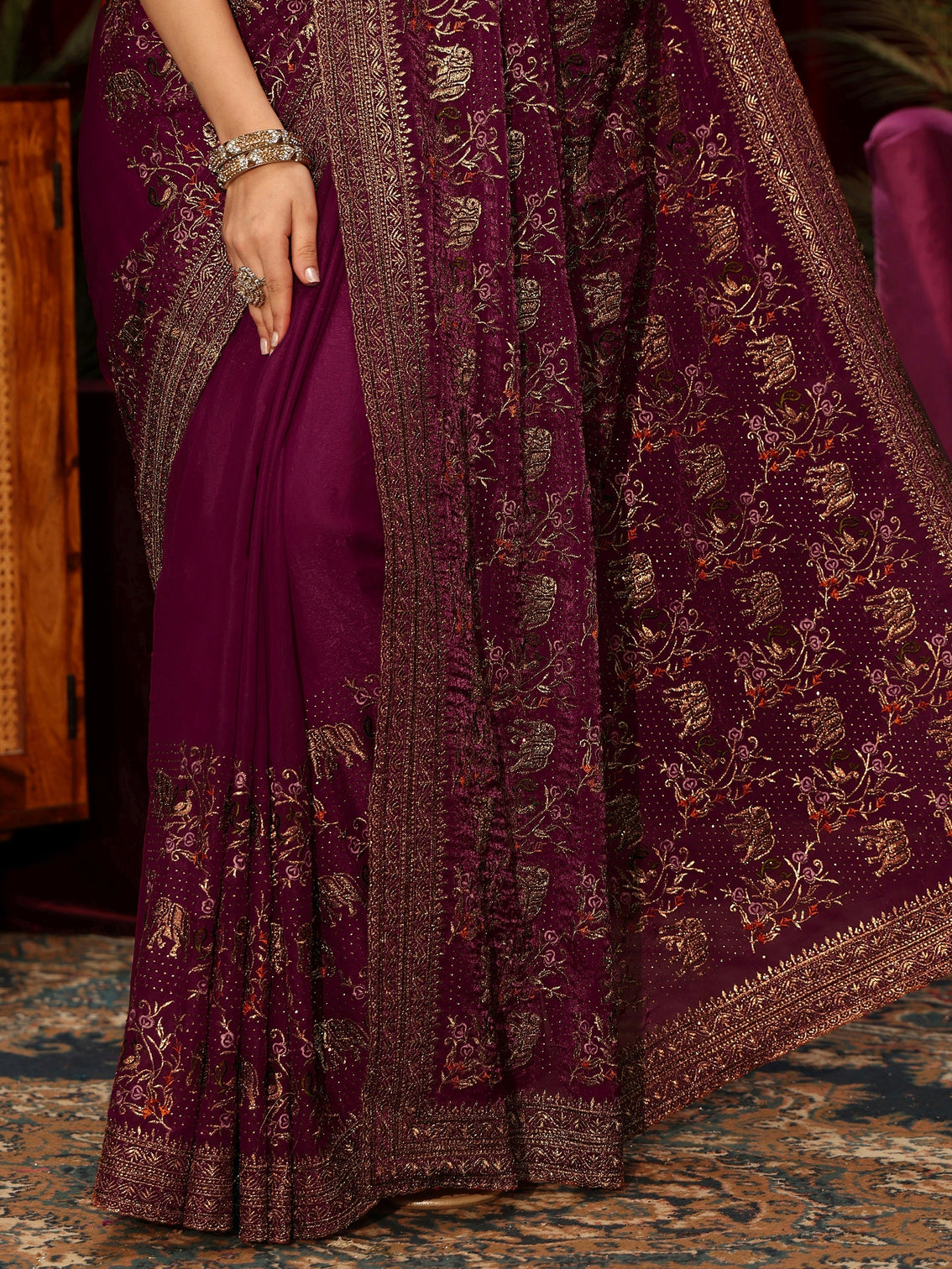 Mameraa Wine Animal Motif Stone Work Tissue Saree