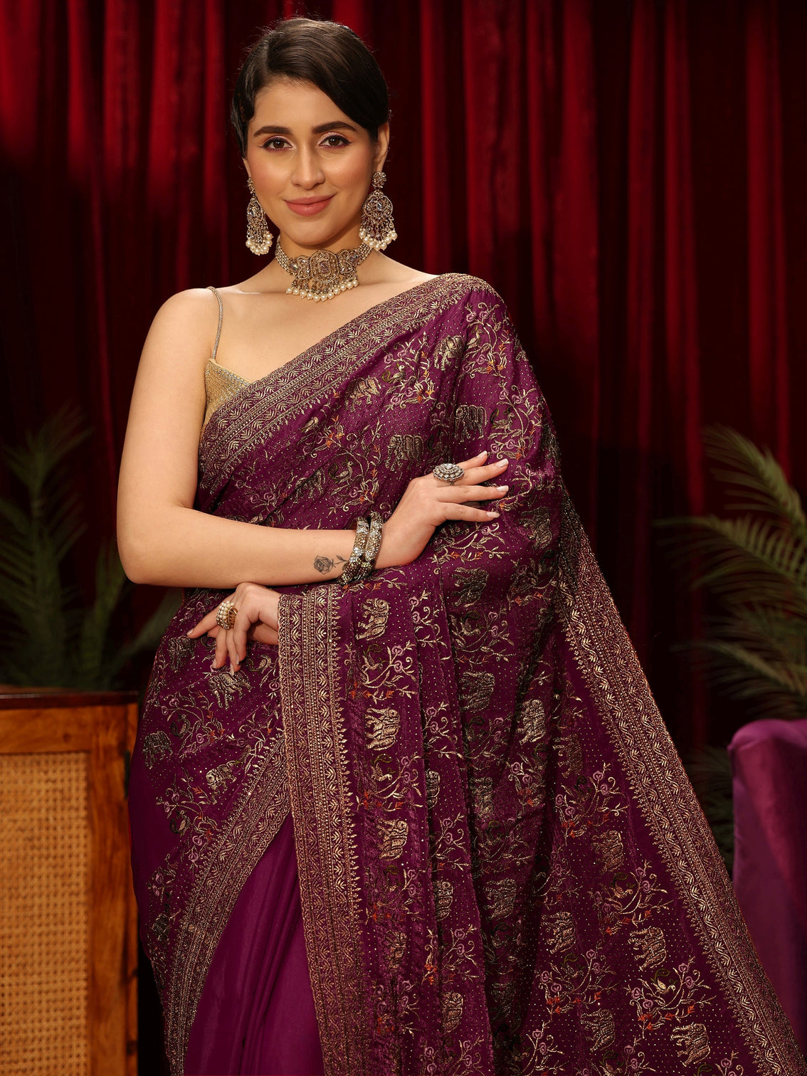 Mameraa Wine Animal Motif Stone Work Tissue Saree