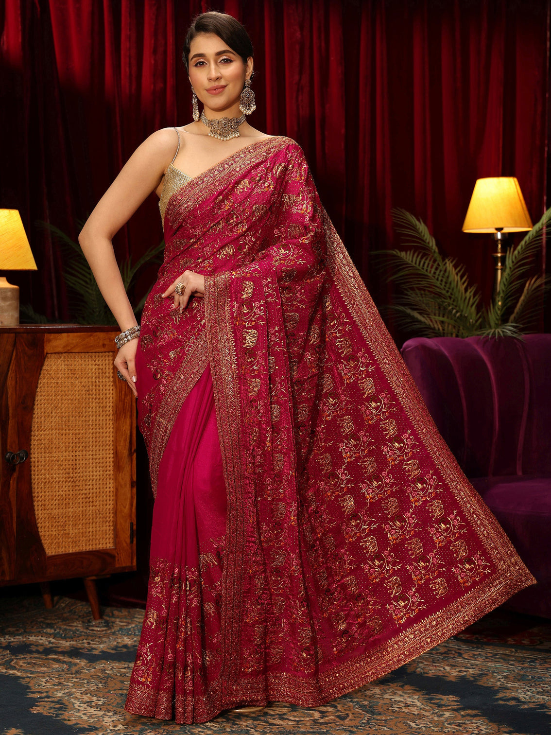 Mameraa Rani Pink Animal Motif Stone Work Tissue Saree