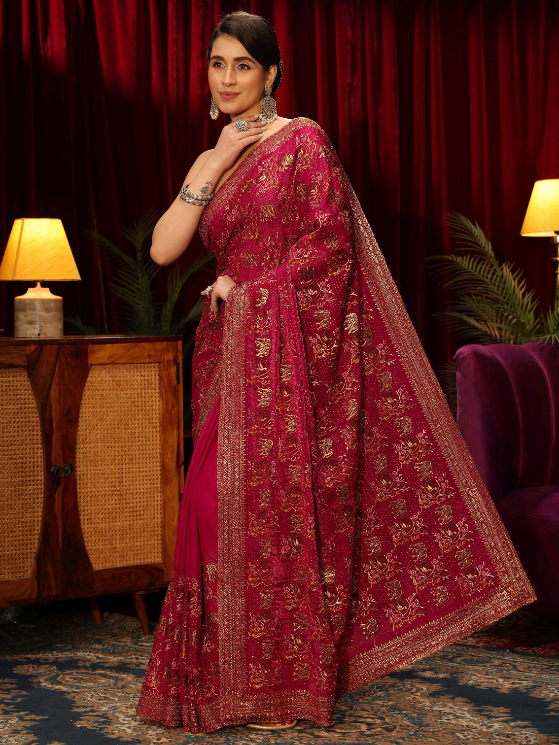 Mameraa Rani Pink Animal Motif Stone Work Tissue Saree