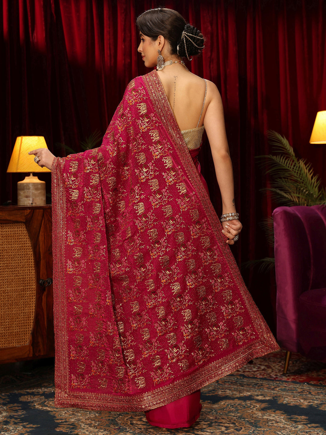 Mameraa Rani Pink Animal Motif Stone Work Tissue Saree