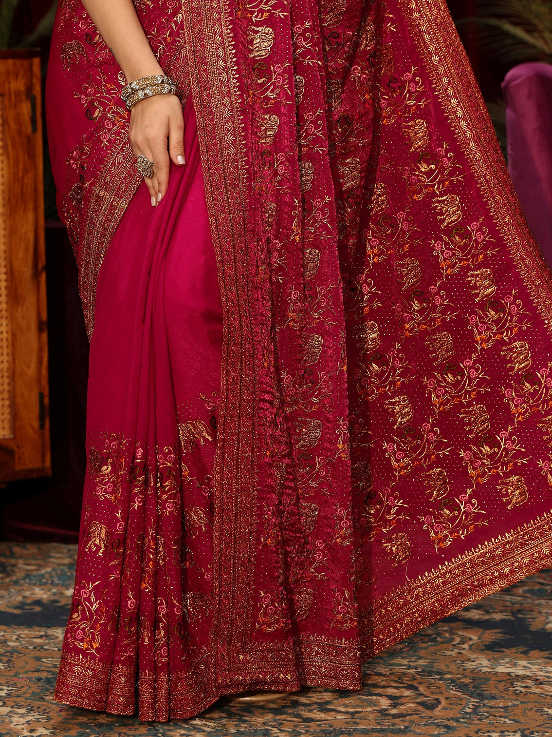 Mameraa Rani Pink Animal Motif Stone Work Tissue Saree