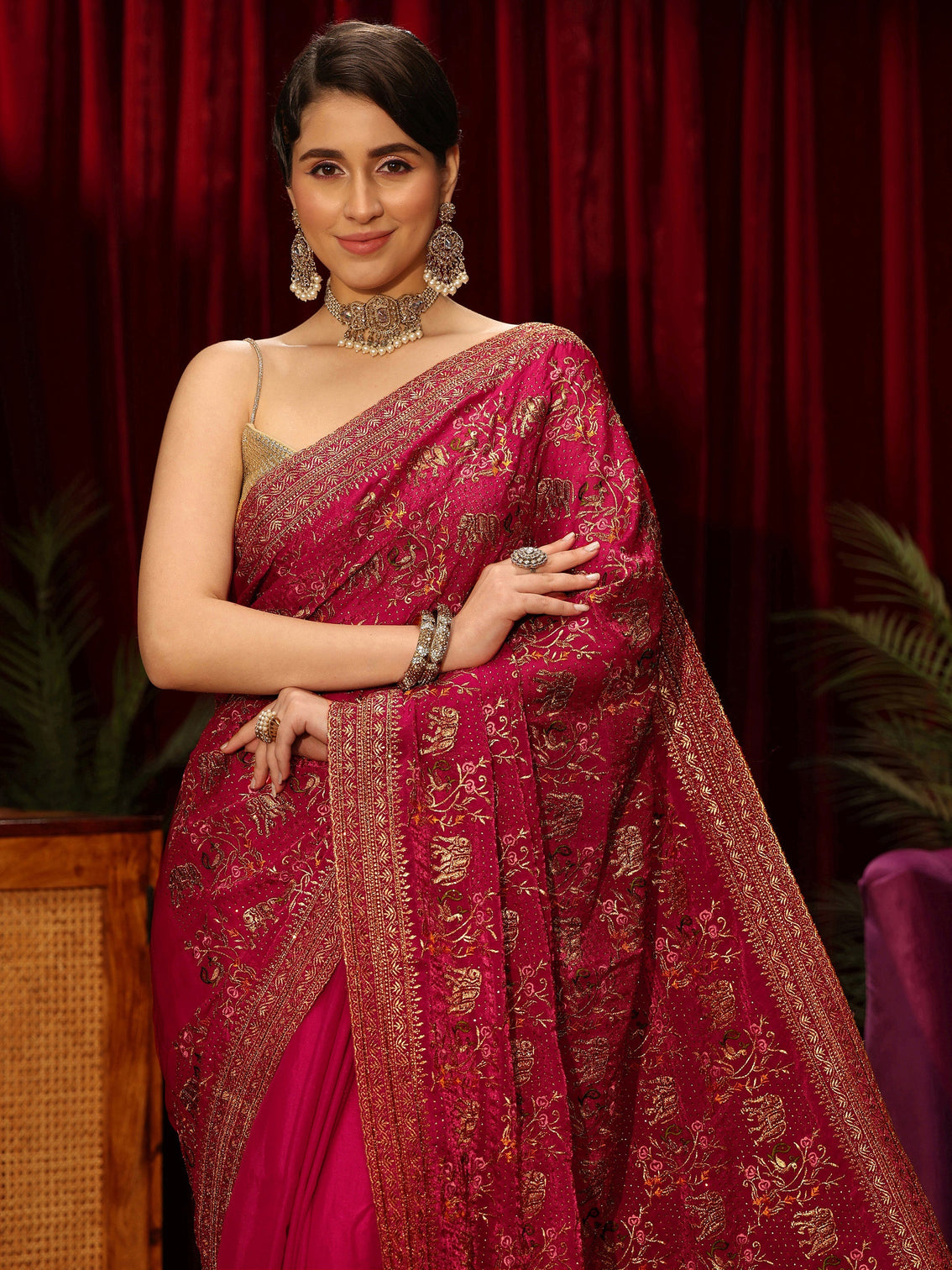 Mameraa Rani Pink Animal Motif Stone Work Tissue Saree