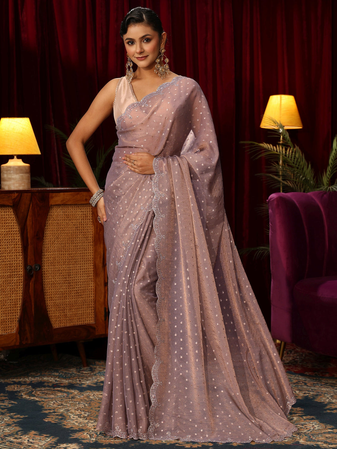 Mameraa Lavender Tissue Saree with Embellished Border