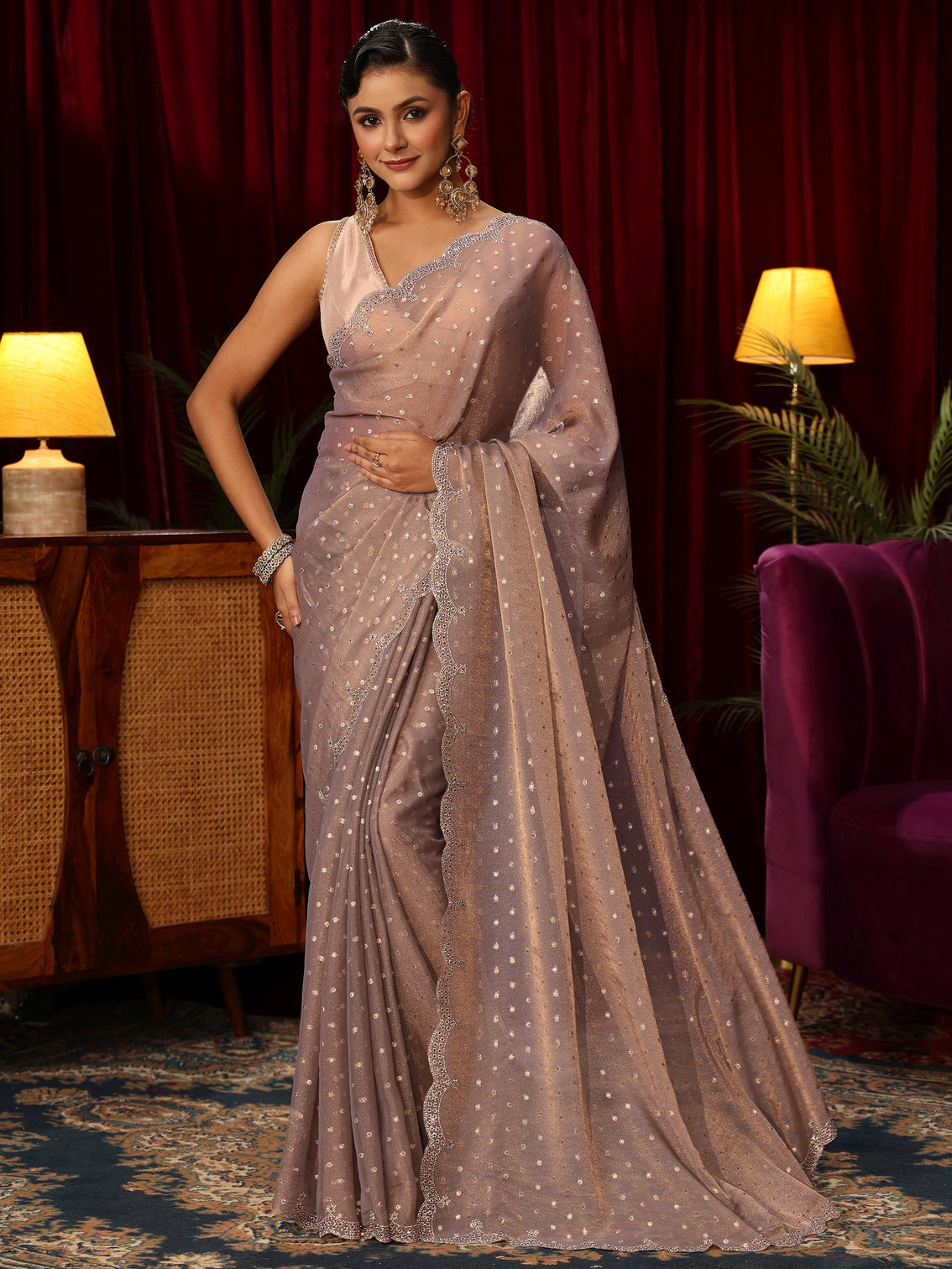 Mameraa Taupe Tissue Saree with Embellished Border