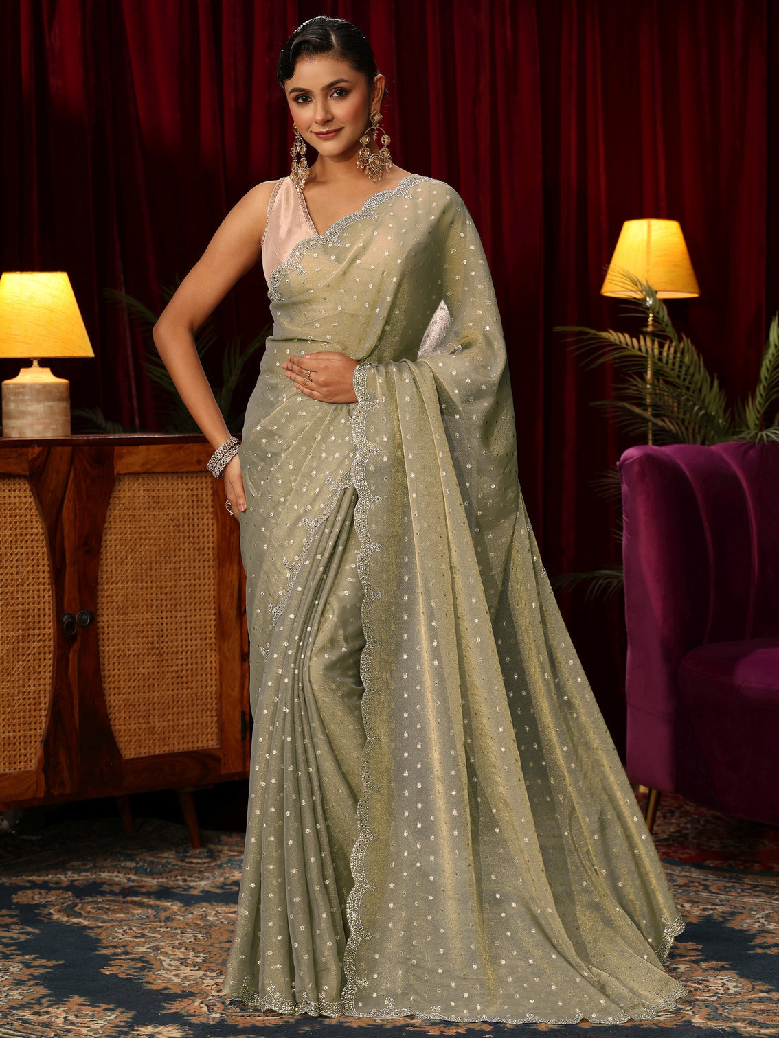 Mameraa Green Tissue Saree with Embellished Border