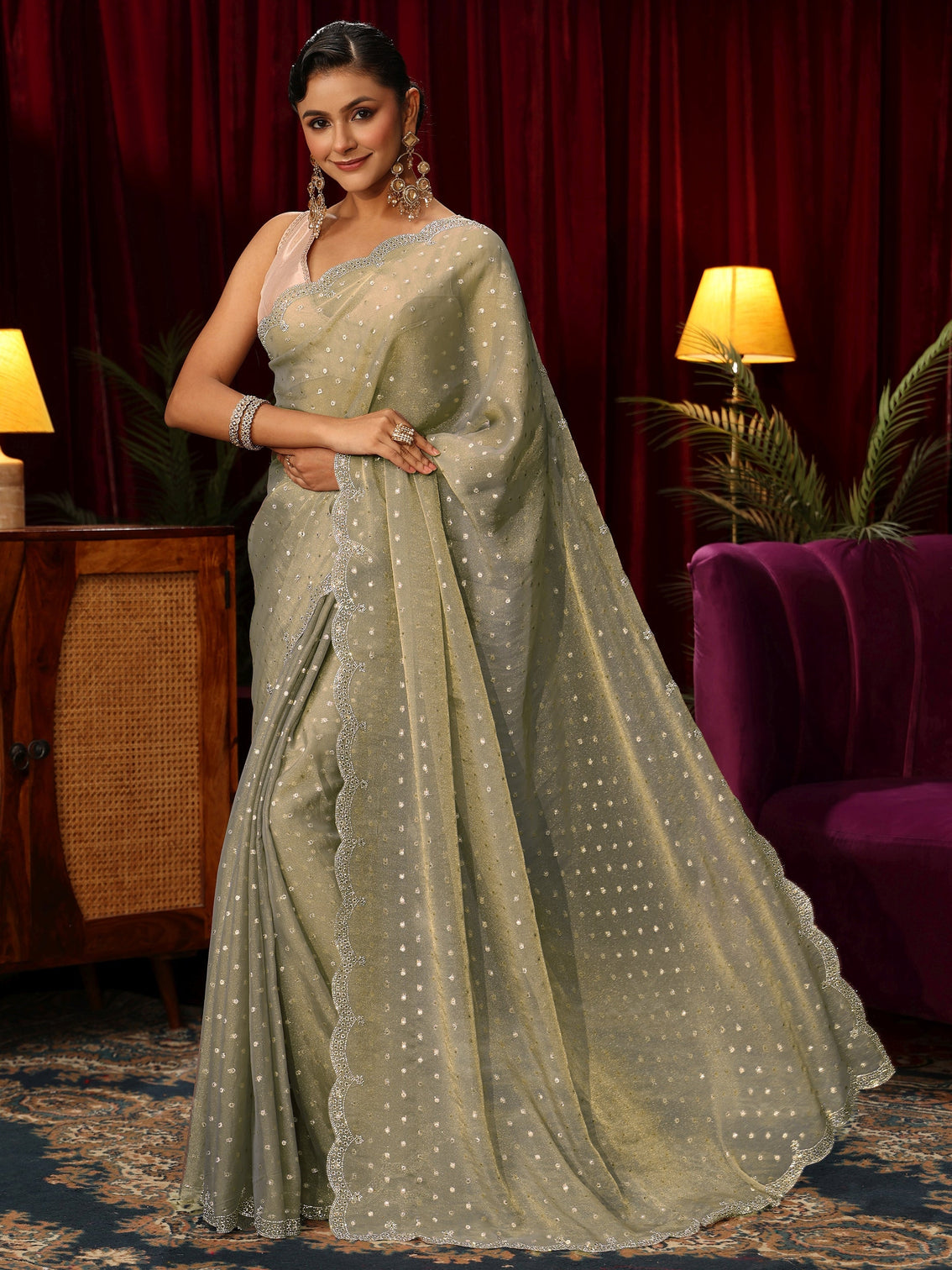 Mameraa Green Tissue Saree with Embellished Border