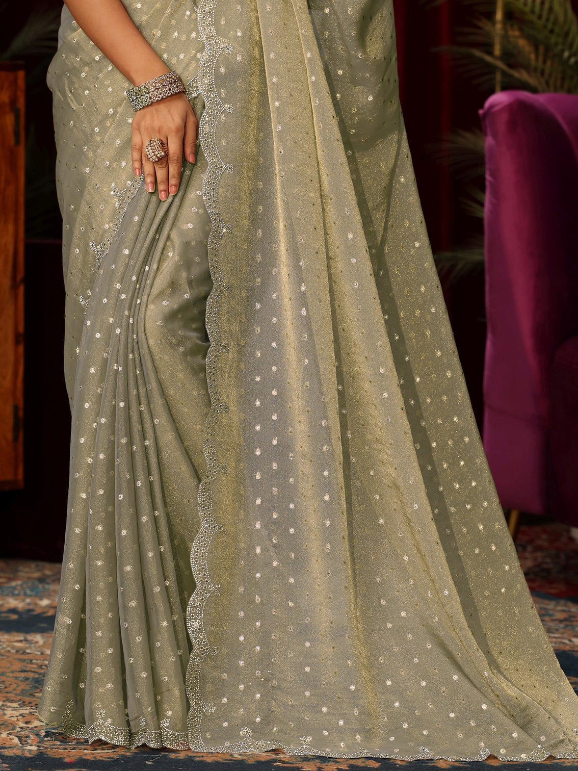 Mameraa Green Tissue Saree with Embellished Border