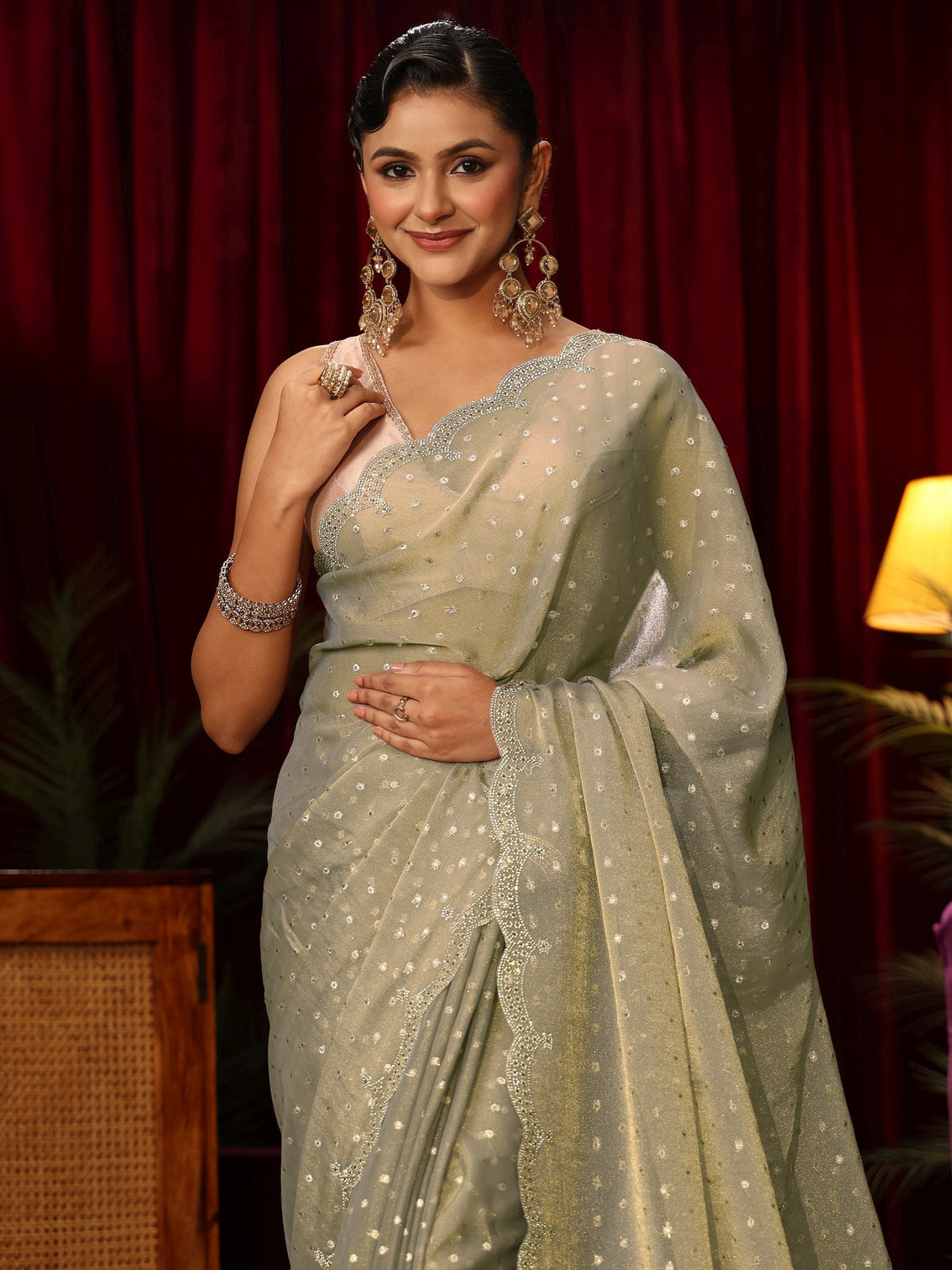 Mameraa Green Tissue Saree with Embellished Border