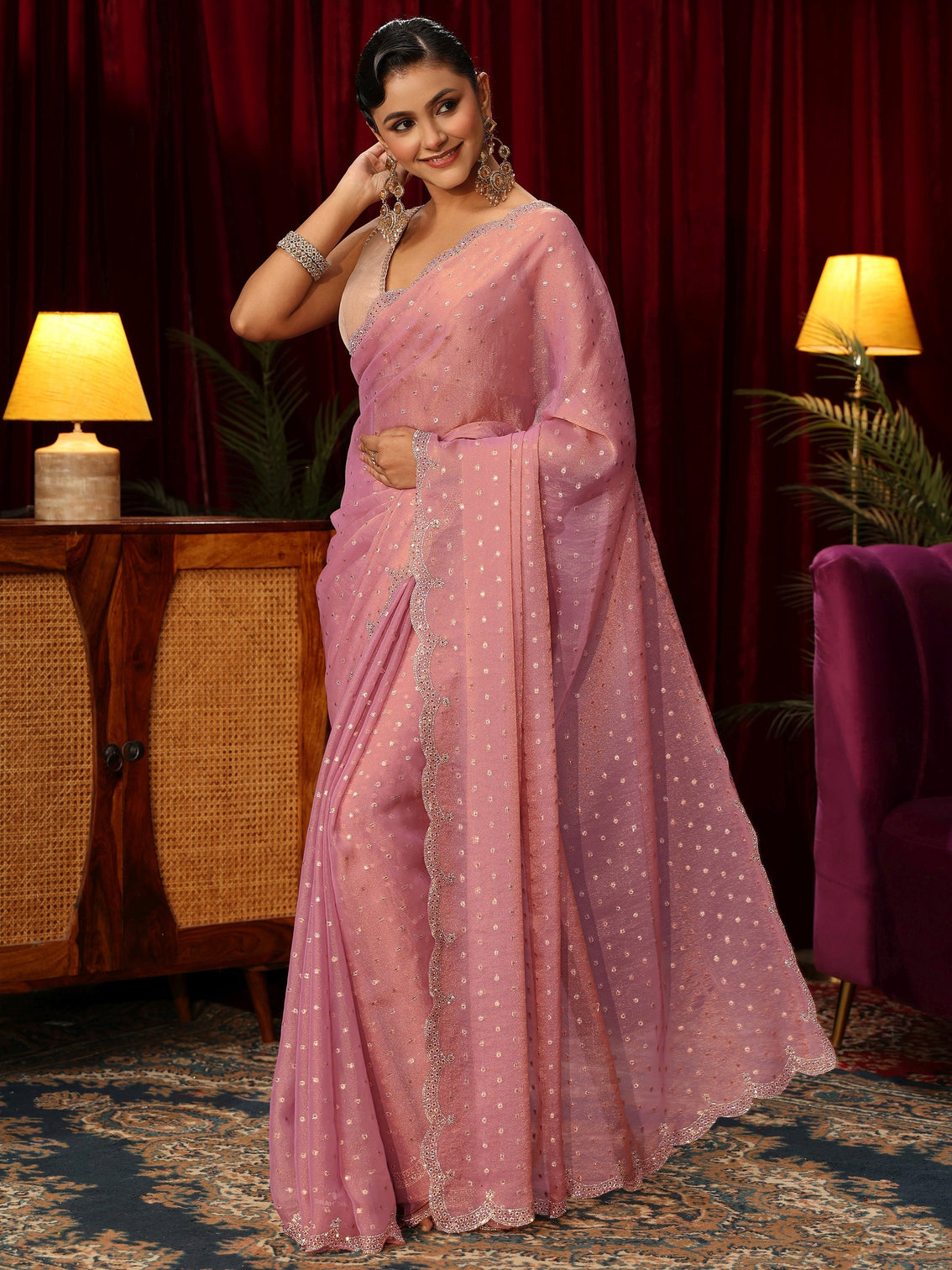 Mameraa Pink Tissue Saree with Embellished Border