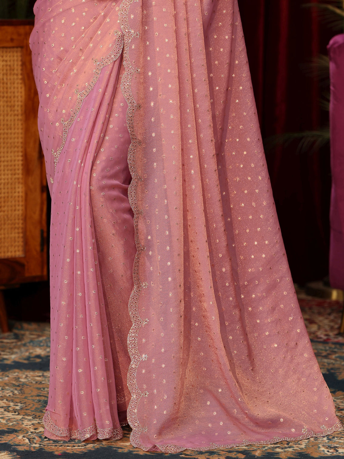 Mameraa Pink Tissue Saree with Embellished Border