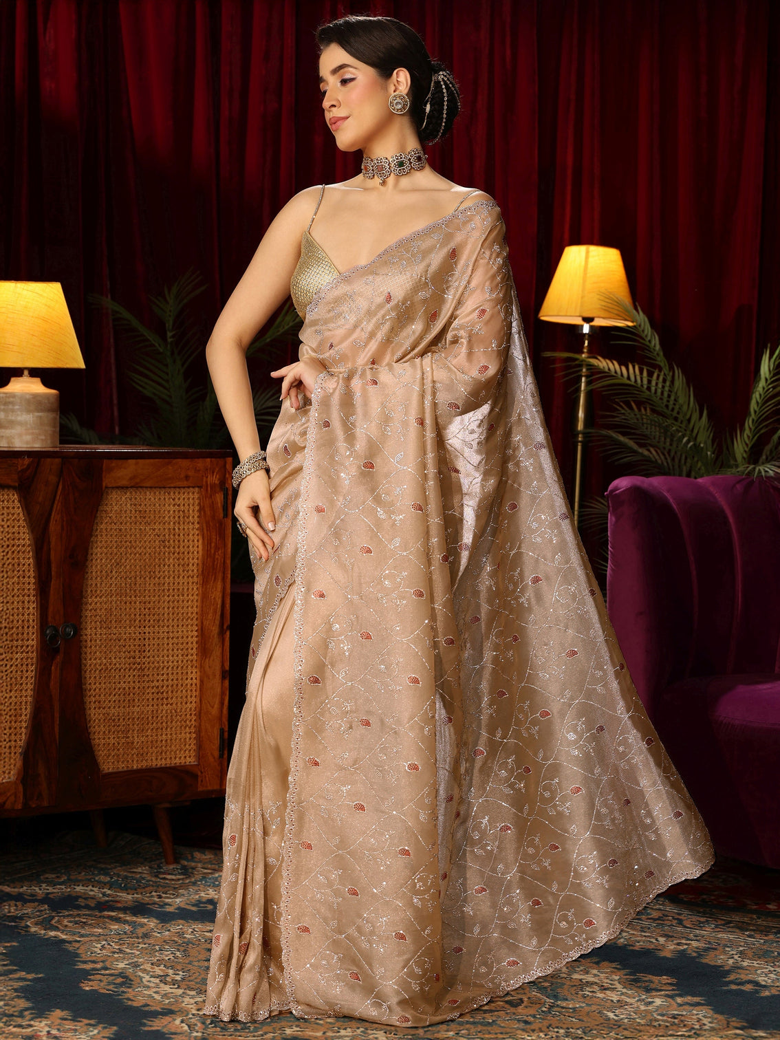 Mameraa Art Golden Floral Stone Work Tissue Saree