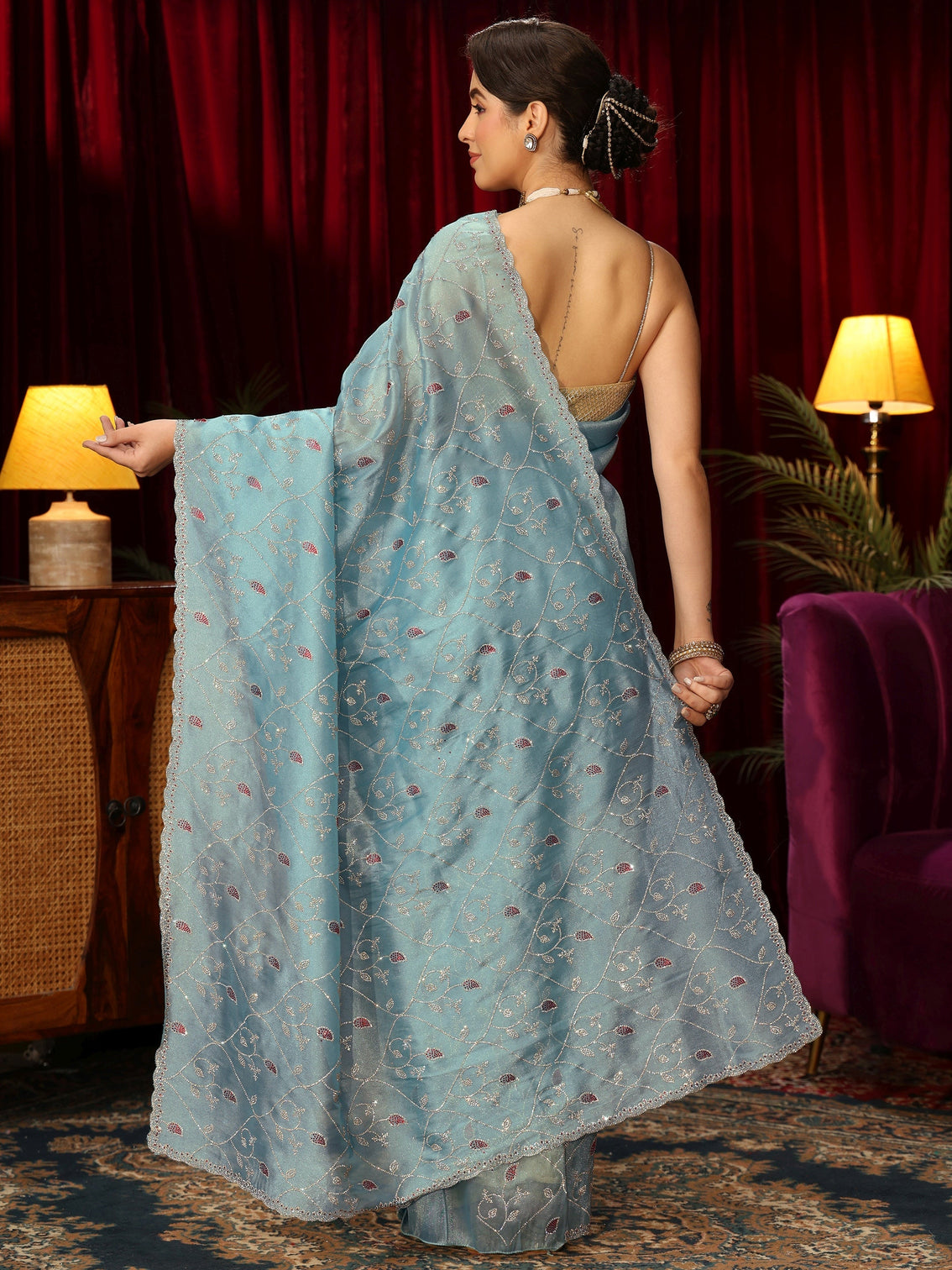Mameraa Art Blue Floral Stone Work Tissue Saree