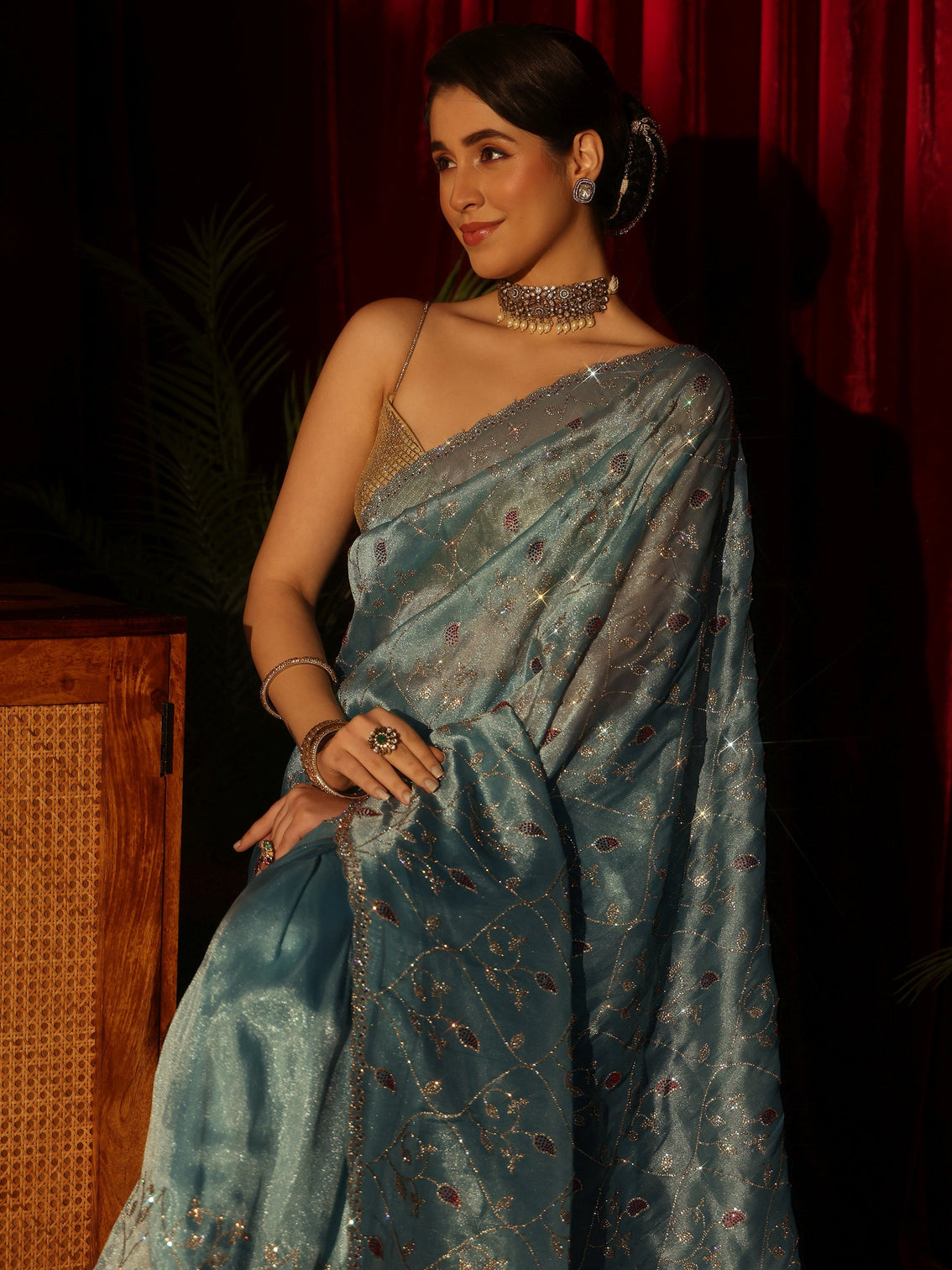 Mameraa Art Blue Floral Stone Work Tissue Saree