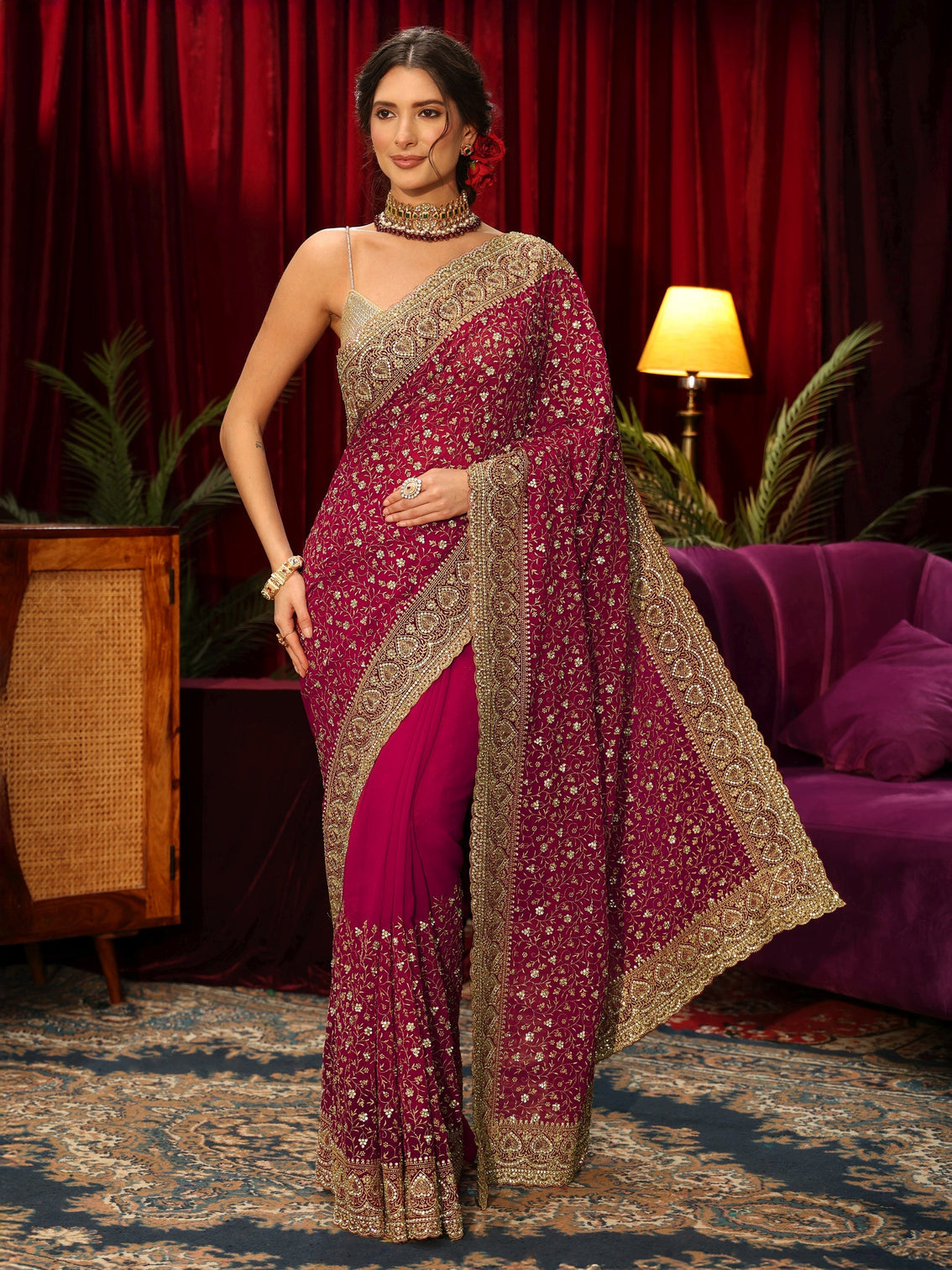 Mameraa Art Rani Pink Stone Work Georgette Saree