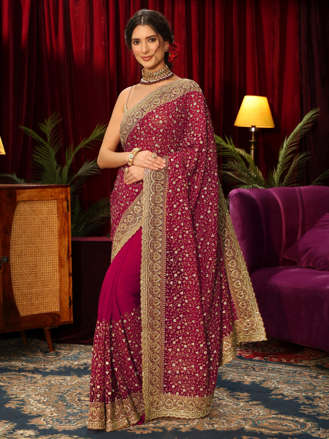 Mameraa Art Rani Pink Stone Work Georgette Saree