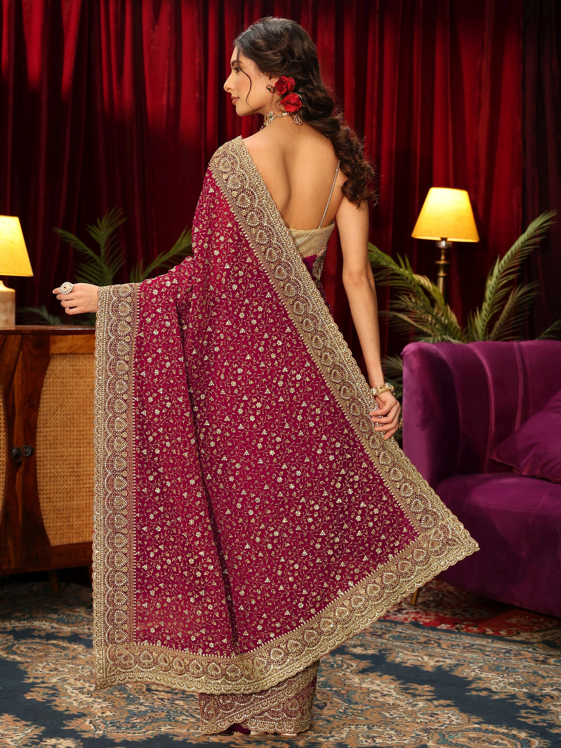 Mameraa Art Rani Pink Stone Work Georgette Saree