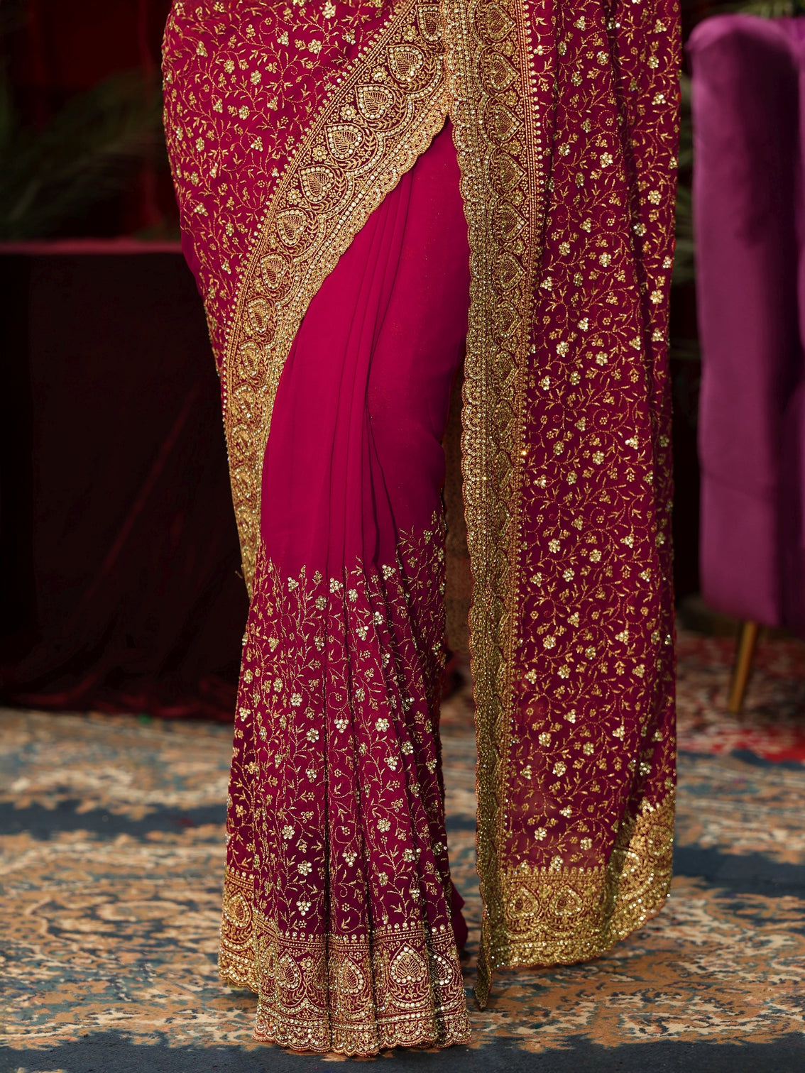 Mameraa Art Rani Pink Stone Work Georgette Saree