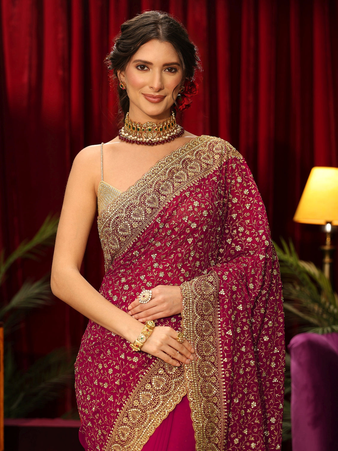Mameraa Art Rani Pink Stone Work Georgette Saree