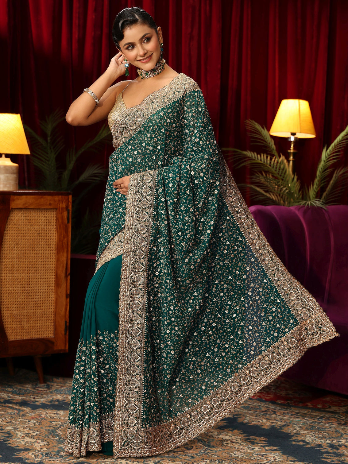 Mameraa Art Teal Green Floral Stone Work Georgette Saree