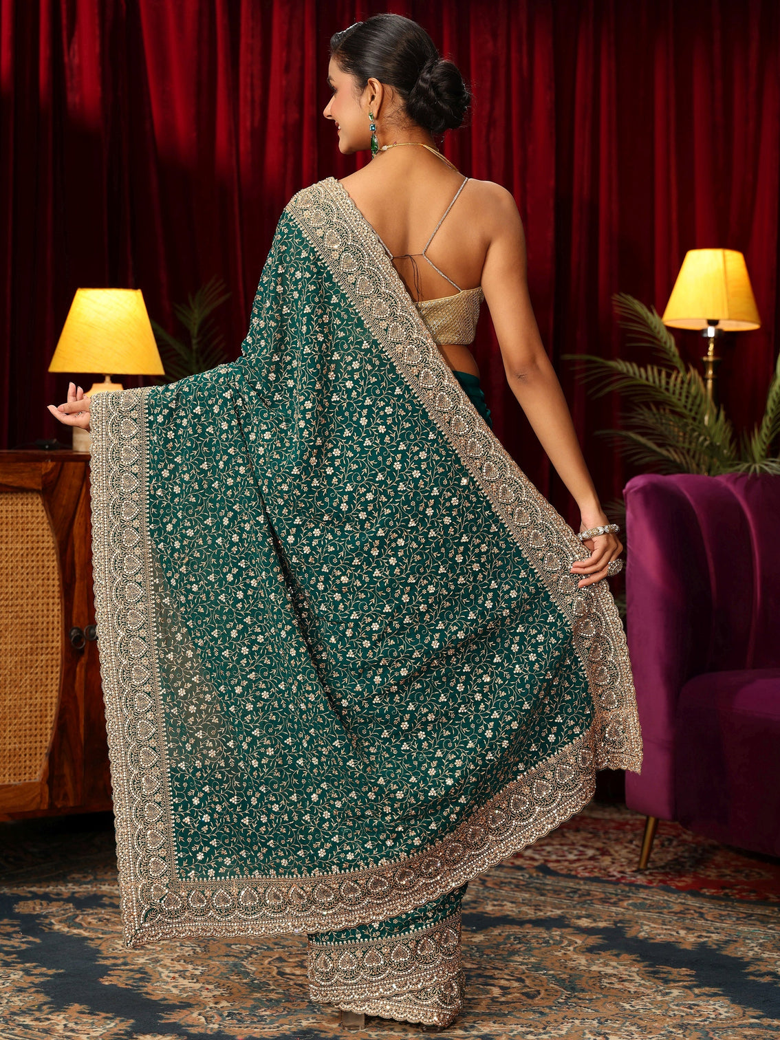 Mameraa Art Teal Green Floral Stone Work Georgette Saree
