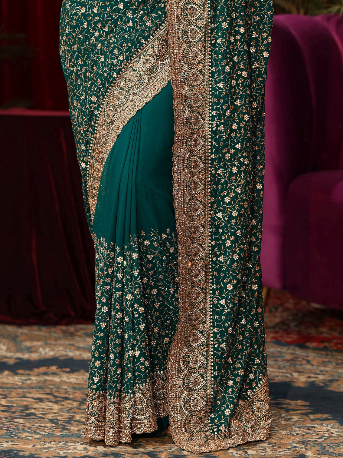 Mameraa Art Teal Green Floral Stone Work Georgette Saree