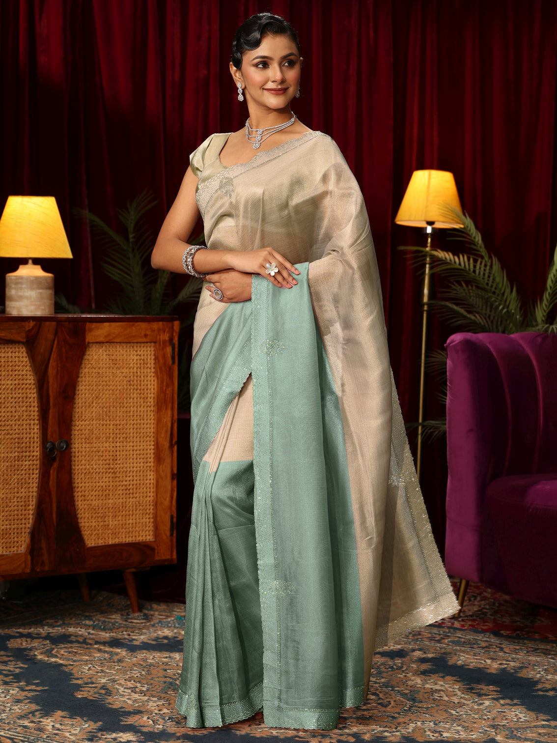 Mameraa Blue Solid Tissue Saree