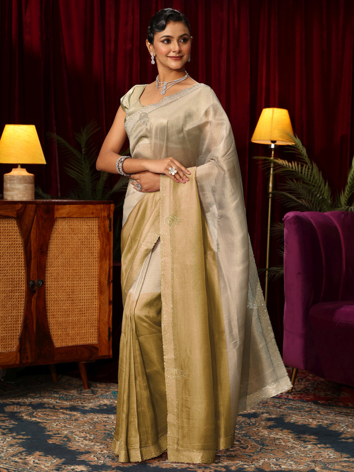 Mameraa Mustard Solid Tissue Saree