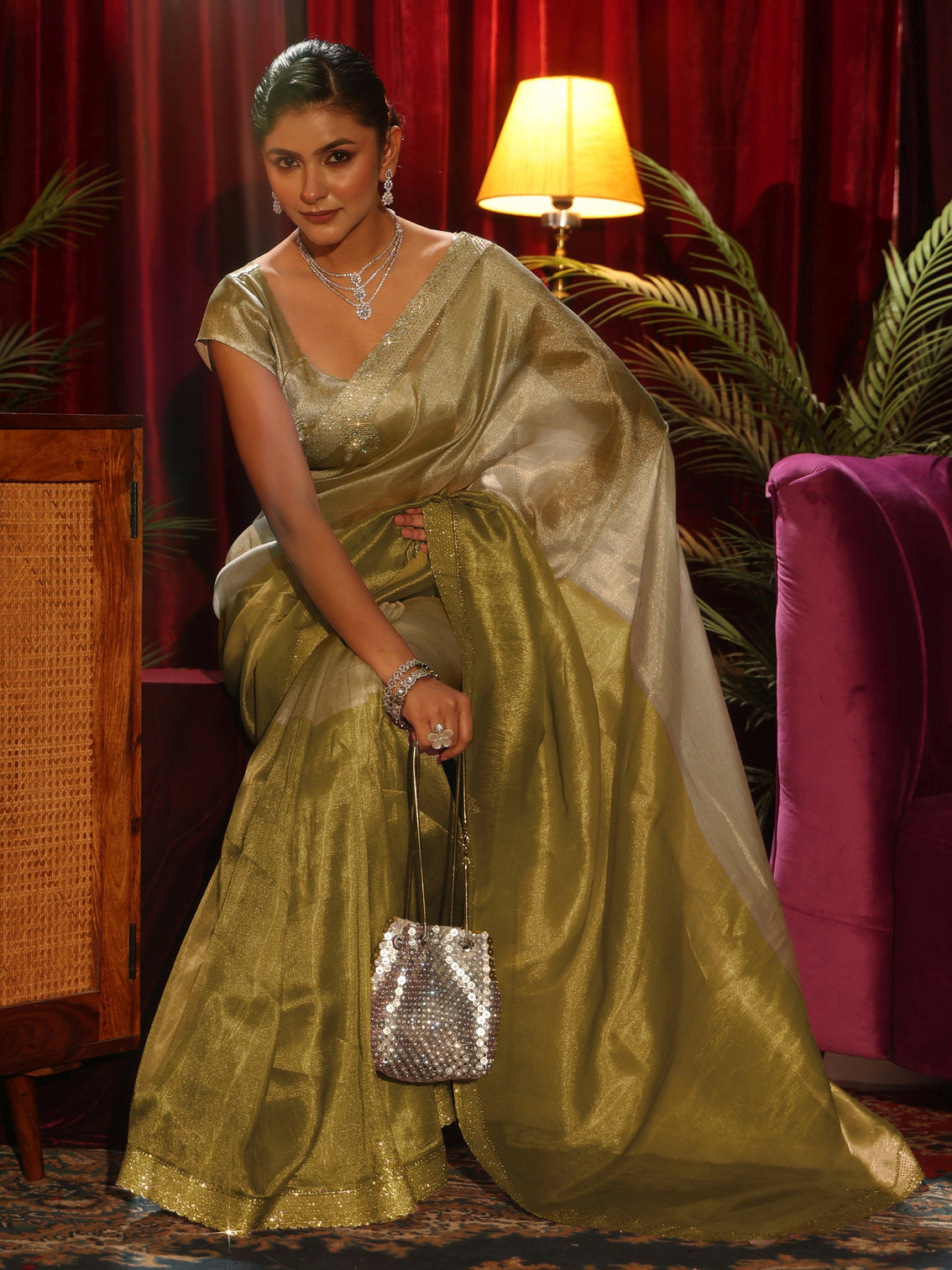 Mameraa Mustard Solid Tissue Saree