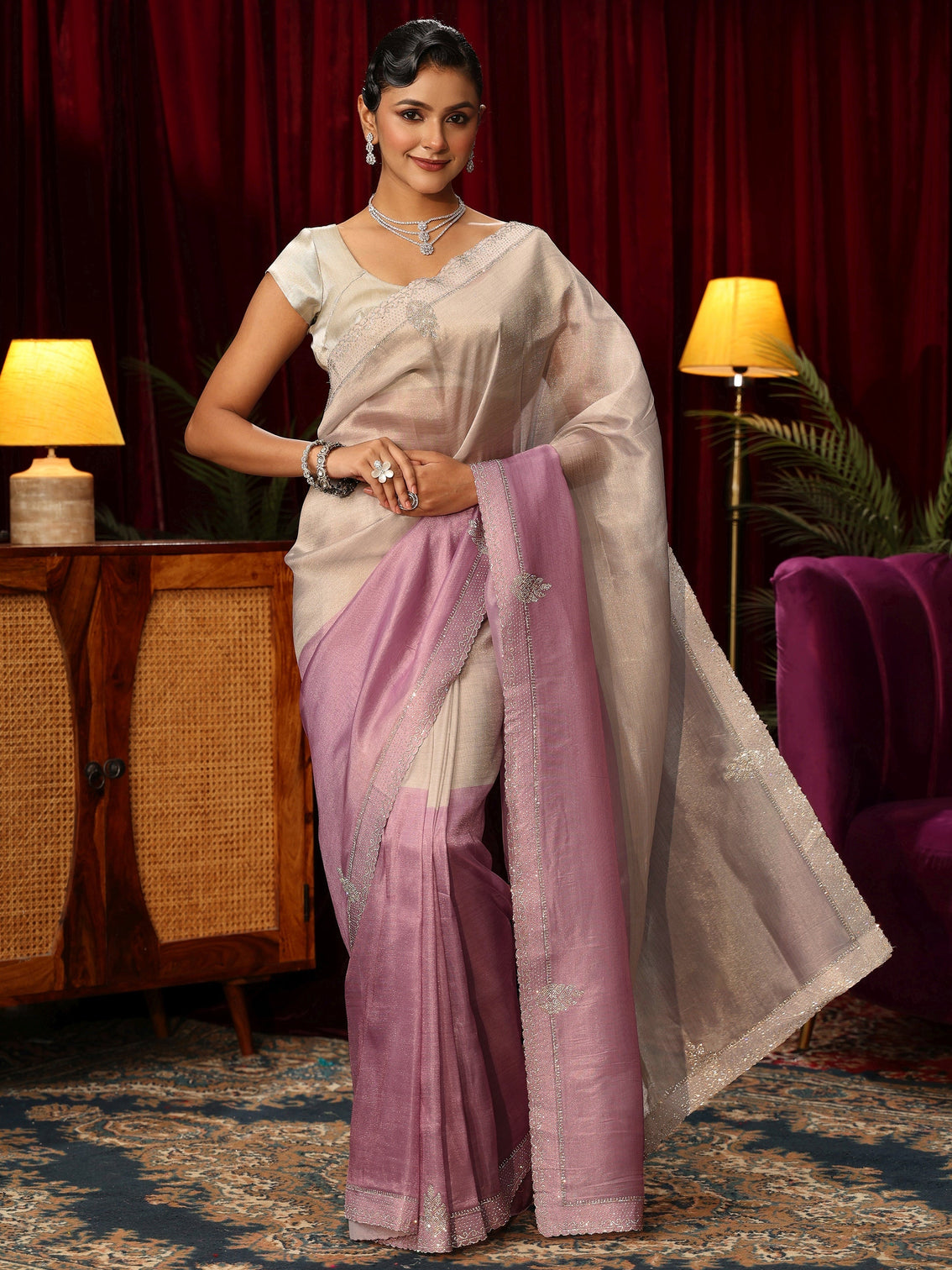 Mameraa Pink Tissue Saree with Embellished Border