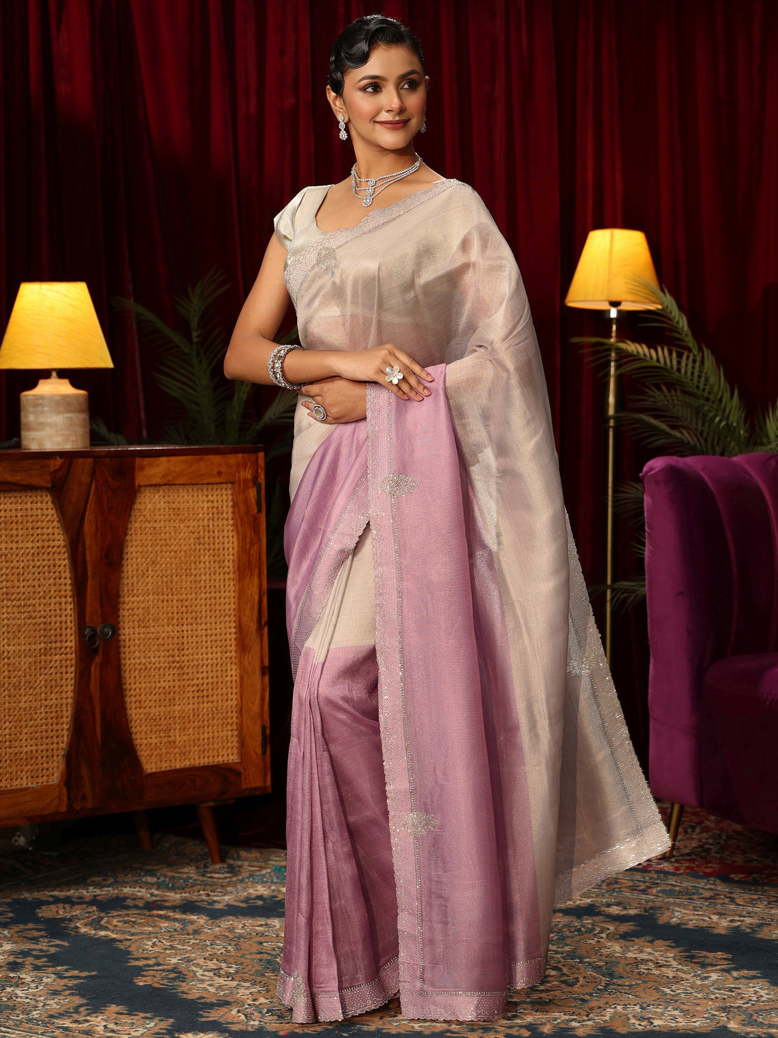 Mameraa Pink Tissue Saree with Embellished Border