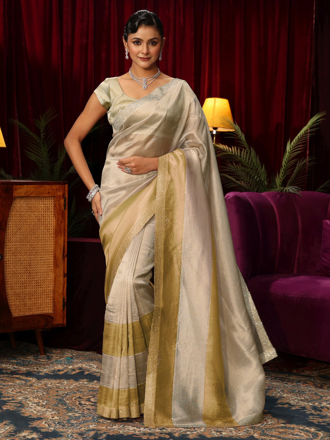 Mameraa Off White Stone Work Tissue Saree