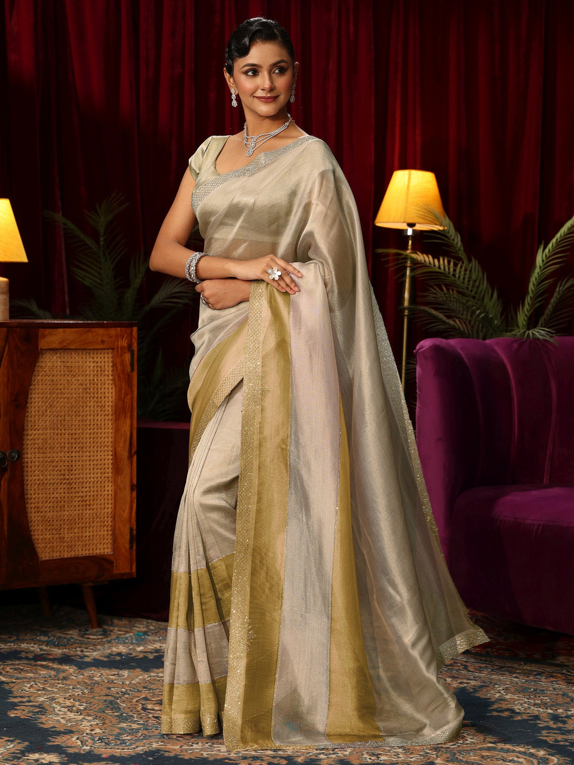 Mameraa Off White Stone Work Tissue Saree