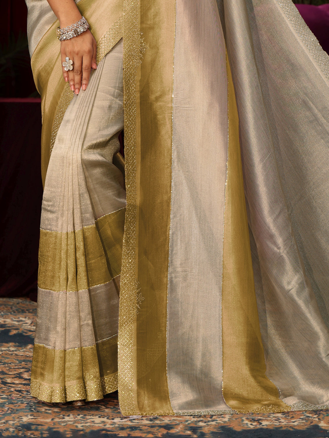 Mameraa Off White Stone Work Tissue Saree