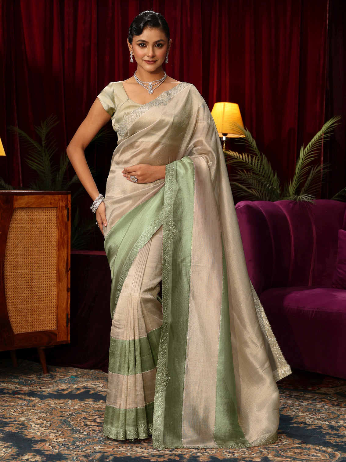 Mameraa Off White Stone Work Tissue Saree