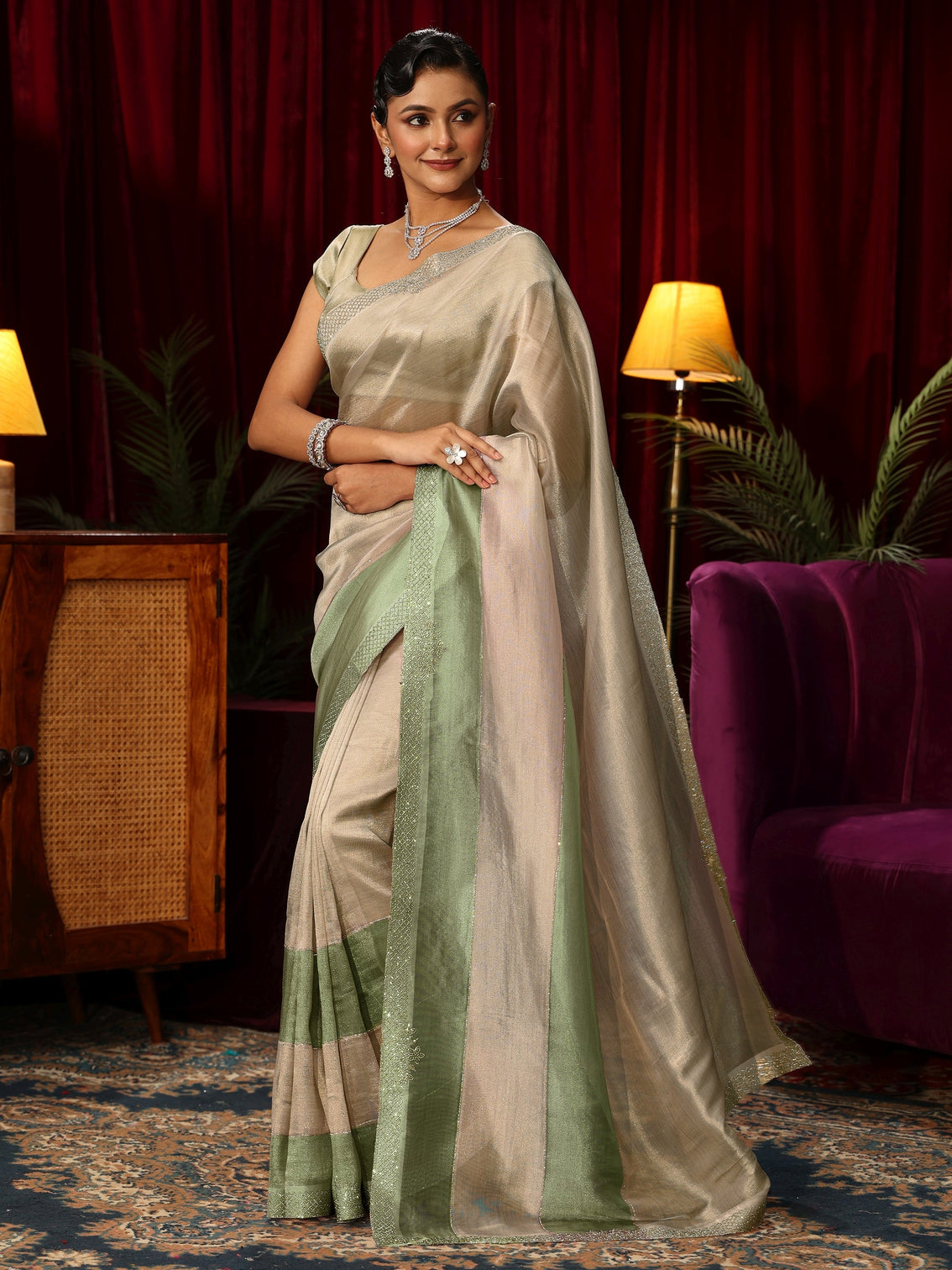 Mameraa Off White Stone Work Tissue Saree