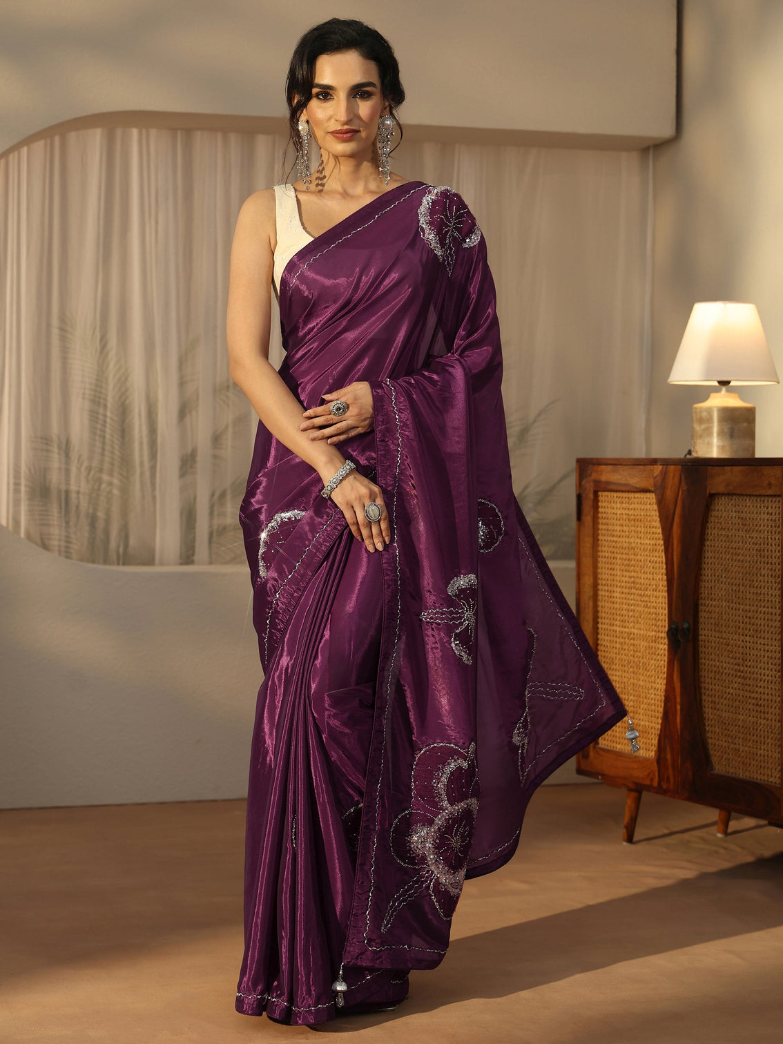 Mameraa Burgundy Embellished Satin Saree with Applique Design