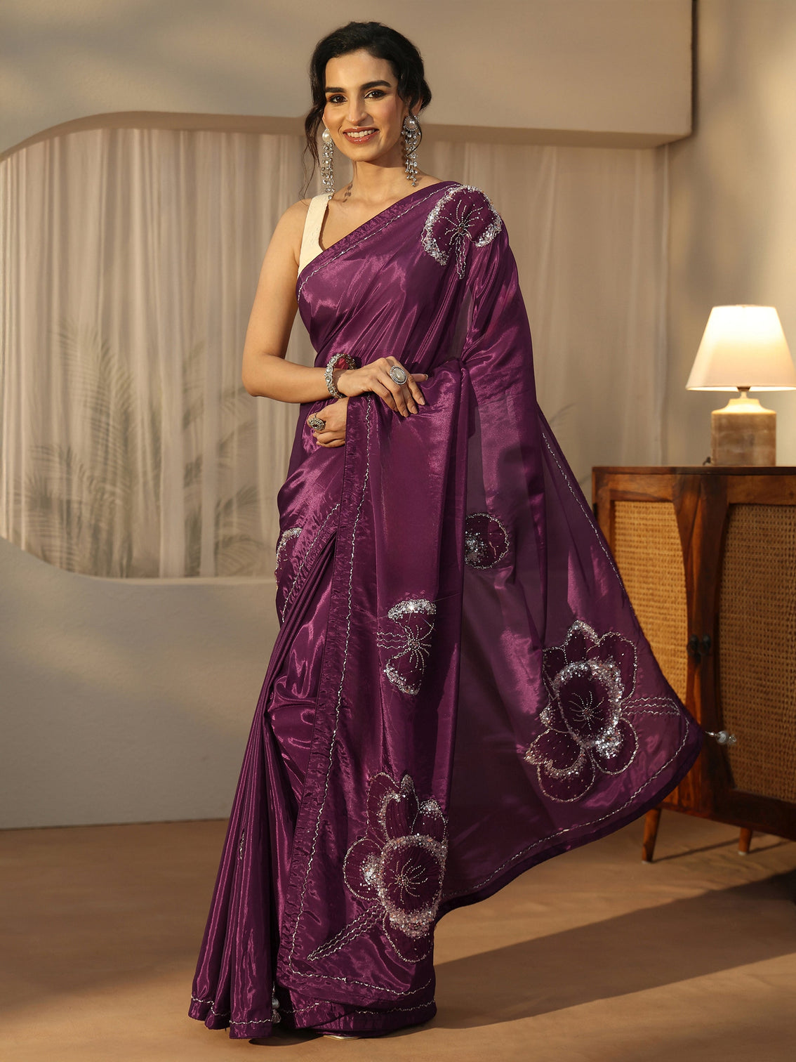 Mameraa Burgundy Embellished Satin Saree with Applique Design