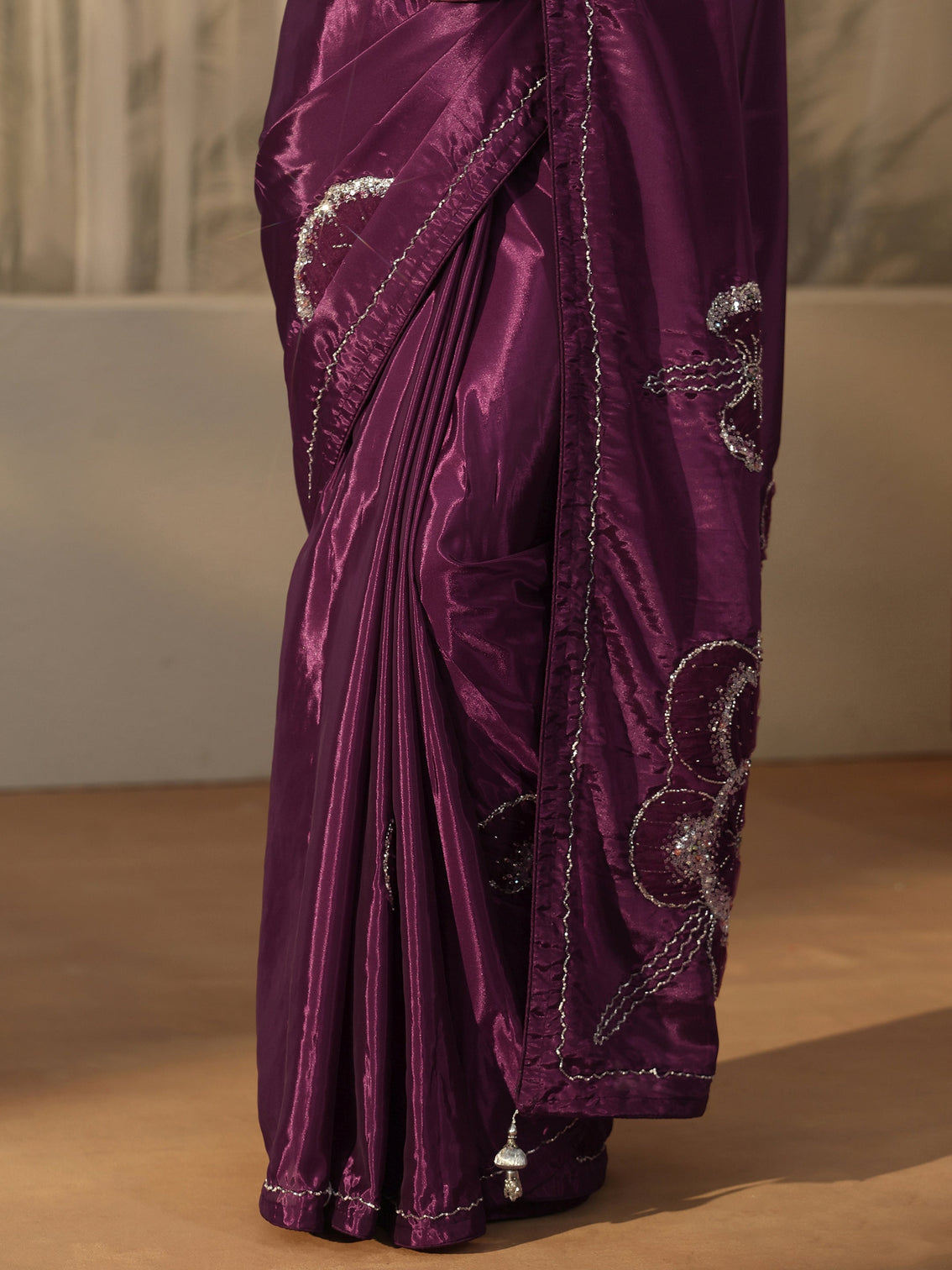 Mameraa Burgundy Embellished Satin Saree with Applique Design