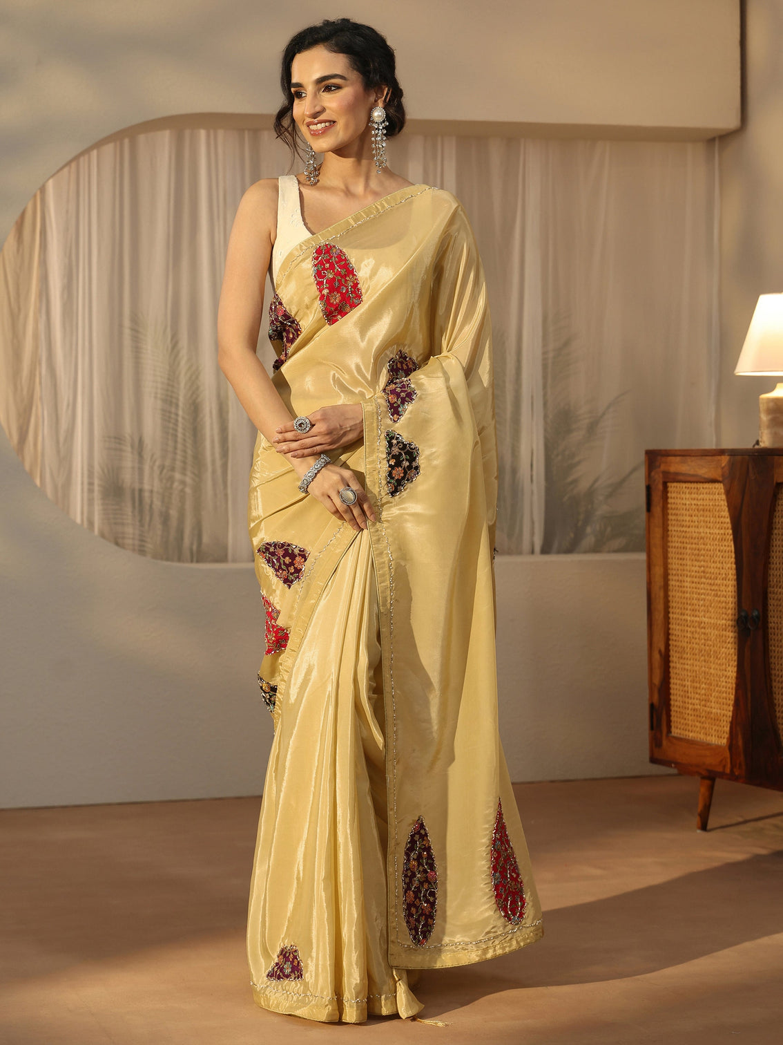 Mameraa Yellow Embellished Satin Saree with Applique Design
