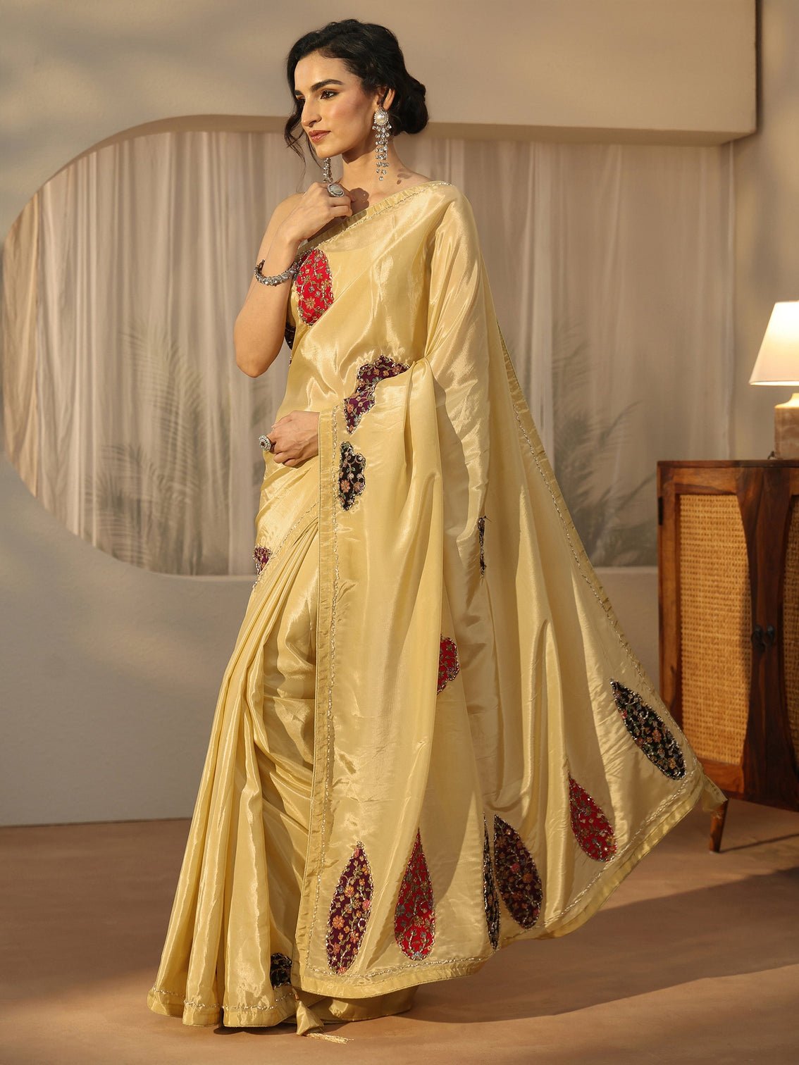 Mameraa Yellow Embellished Satin Saree with Applique Design