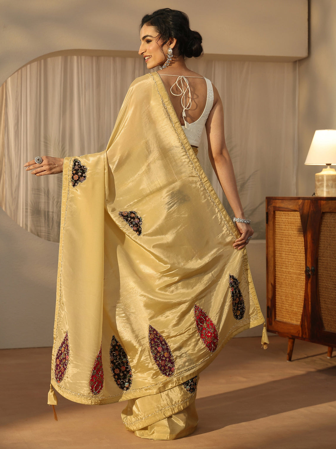 Mameraa Yellow Embellished Satin Saree with Applique Design