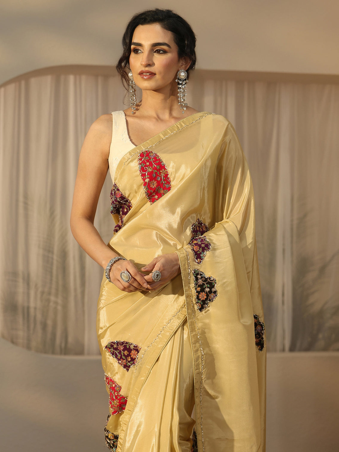 Mameraa Yellow Embellished Satin Saree with Applique Design