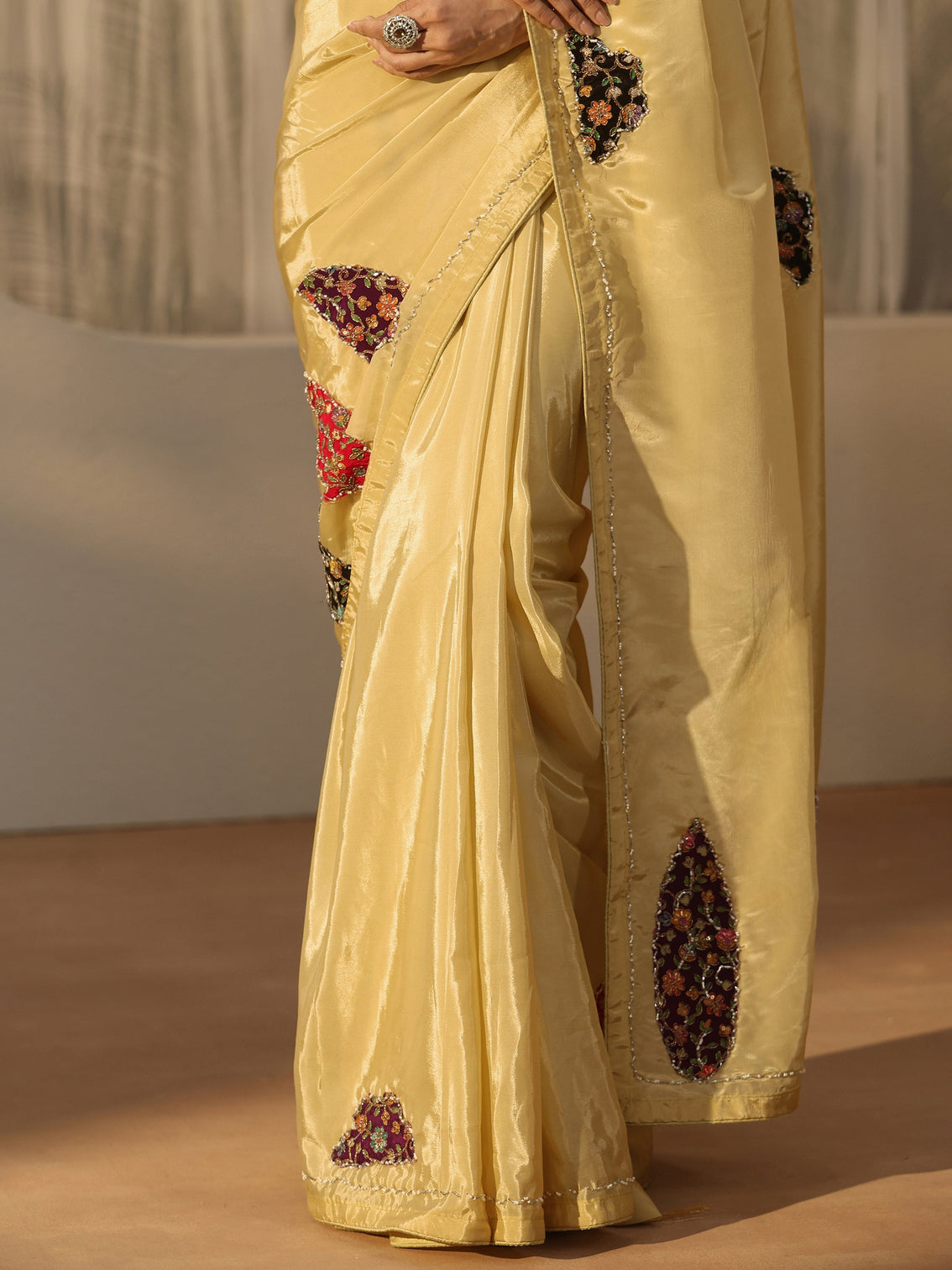 Mameraa Yellow Embellished Satin Saree with Applique Design